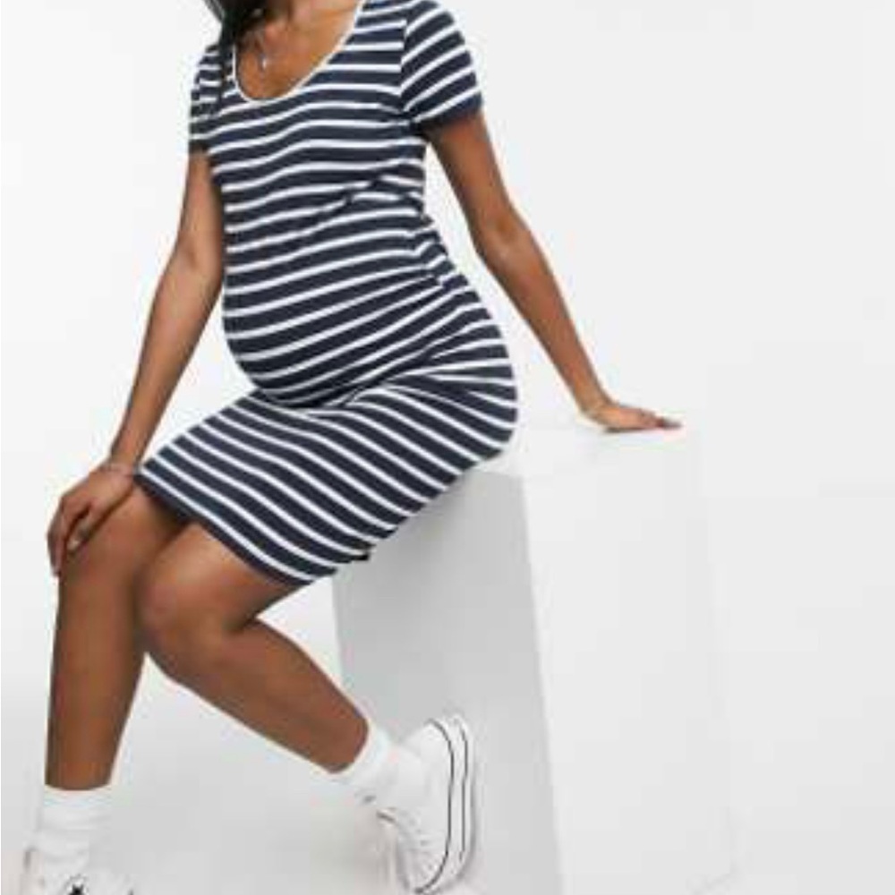 Mama Licious Maternity Navy and White Striped Dress